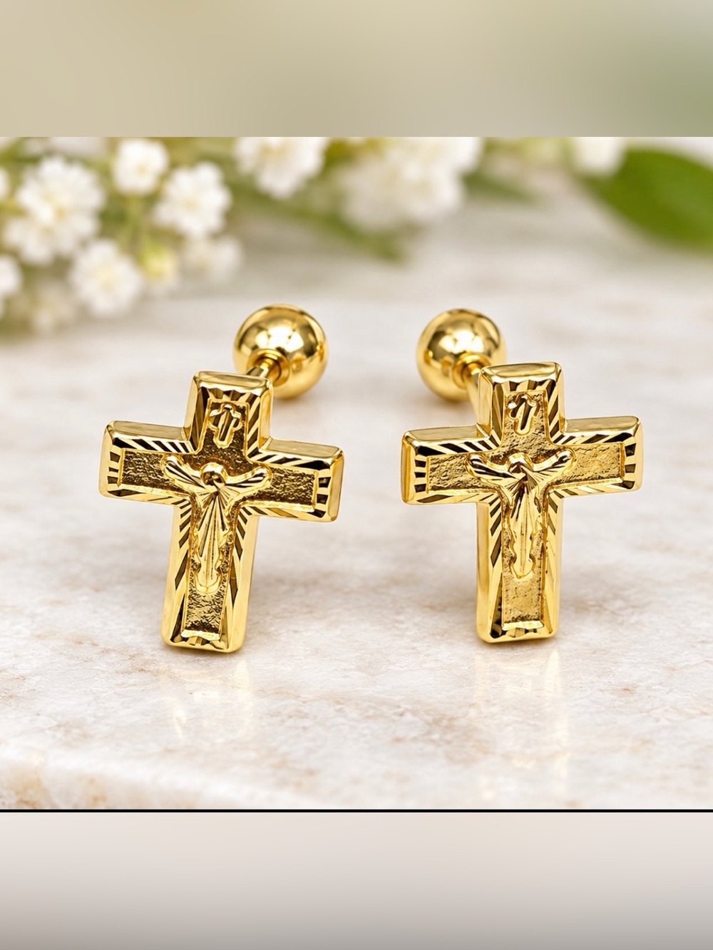 14 Karat Solid Yellow Gold Cross Earring